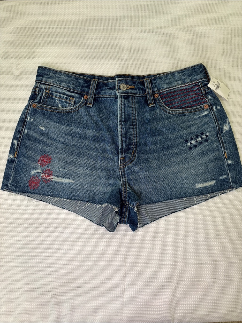 Old Navy Blue Denim Cutoff O.G. High Rise Shorts with Red Embroidery